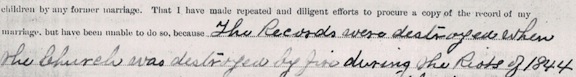 Marriage records destroyed in Riots of 1844