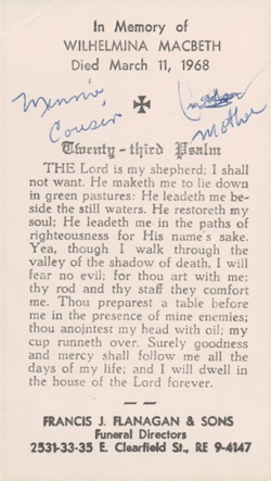 Image of funeral card, transcribed text & 23rd psalm