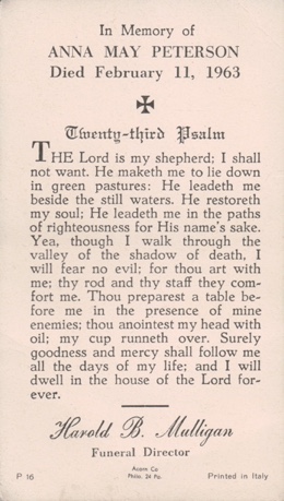 Image of funeral card with text transcribed and 23rd psalm