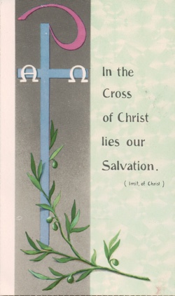 Reverse side. Cross with text "In the Cross of Christ lies our Salvation")