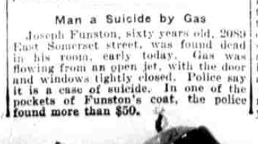Article that reports the death of Joseph Funston as a suicide.