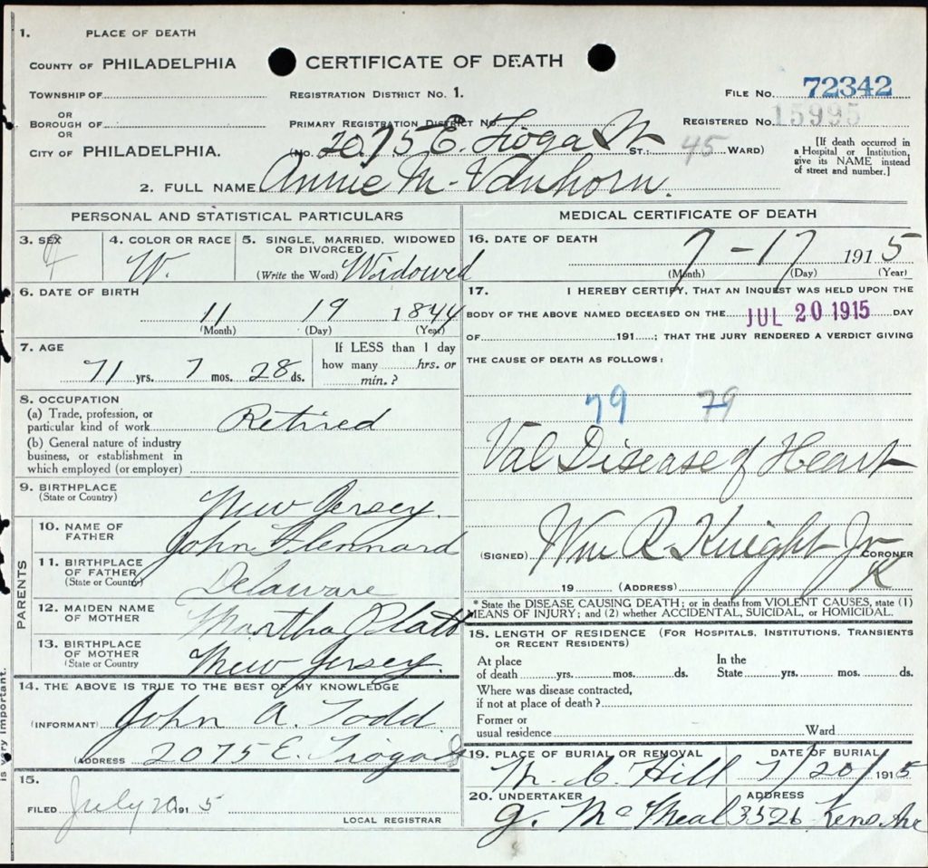 Image of death certificate of Annie Flenard Vanhorn showing place of death as 2075 Tioga Street.