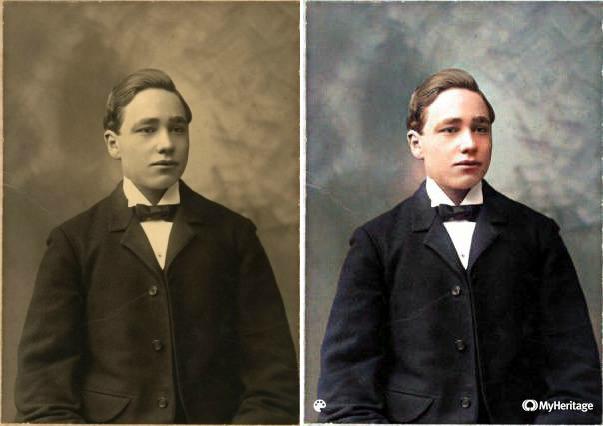 Comparison or original & colorized photo of John Garrison